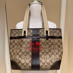 Coach Brown Signature Heritage Stripe Leather Shoulder Tote Tattersall Lining